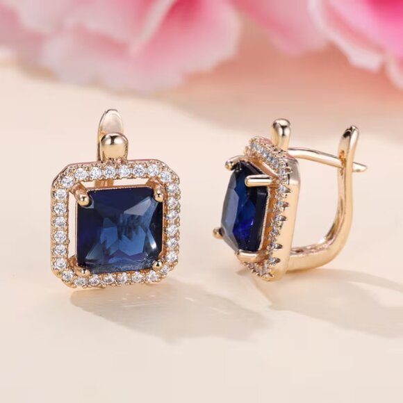14K Gold Hanging Drop 2ct Blue Sapphire Gemstone 1ct Diamond Earrings Jewelry - Picture 6 of 6
